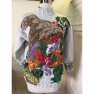 Crystal Kobe Sweater Sz M Ramie Cotton Food Fall Harvest Cornucopia Knit 80s 90s